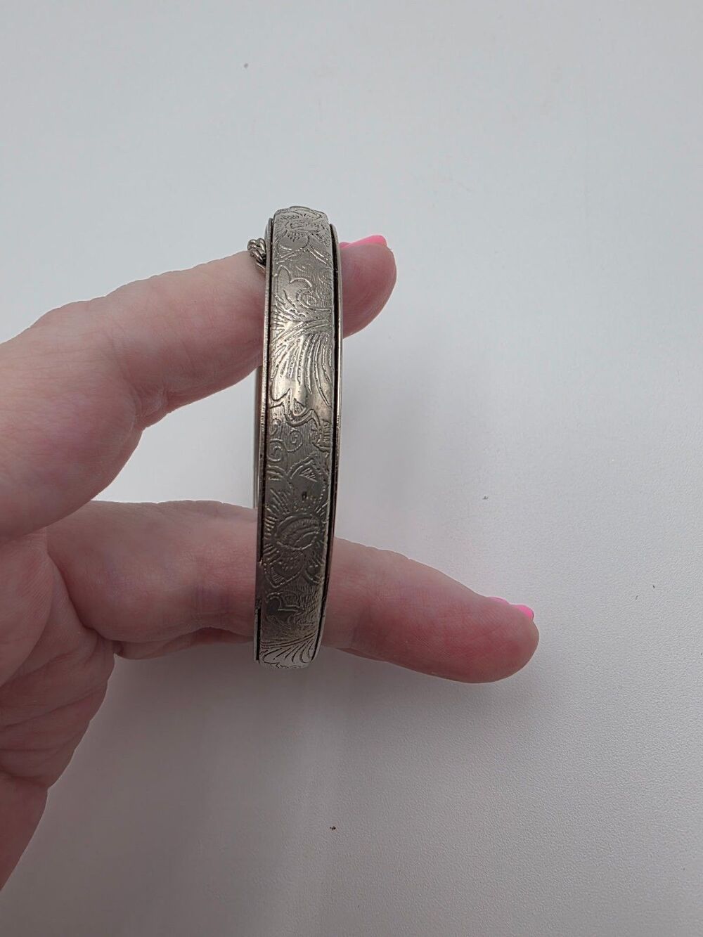Floral Silvertone Cuff Bangle W/ Safety Chain 6 1/2
